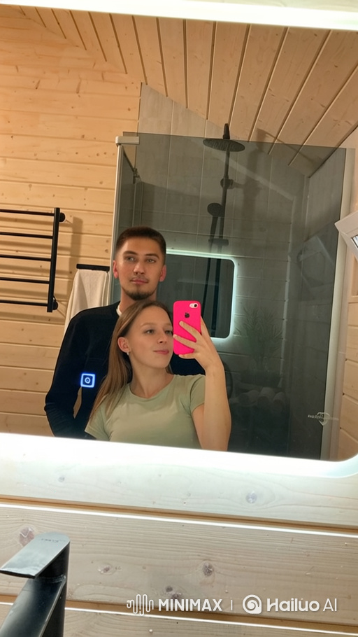 Young Couple and Child Embrace in Bathroom Mirror