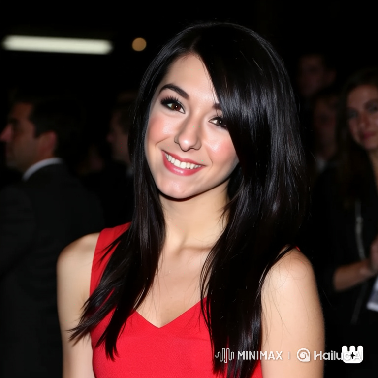 Young Woman in Red Dress with Graceful Pose and Smile