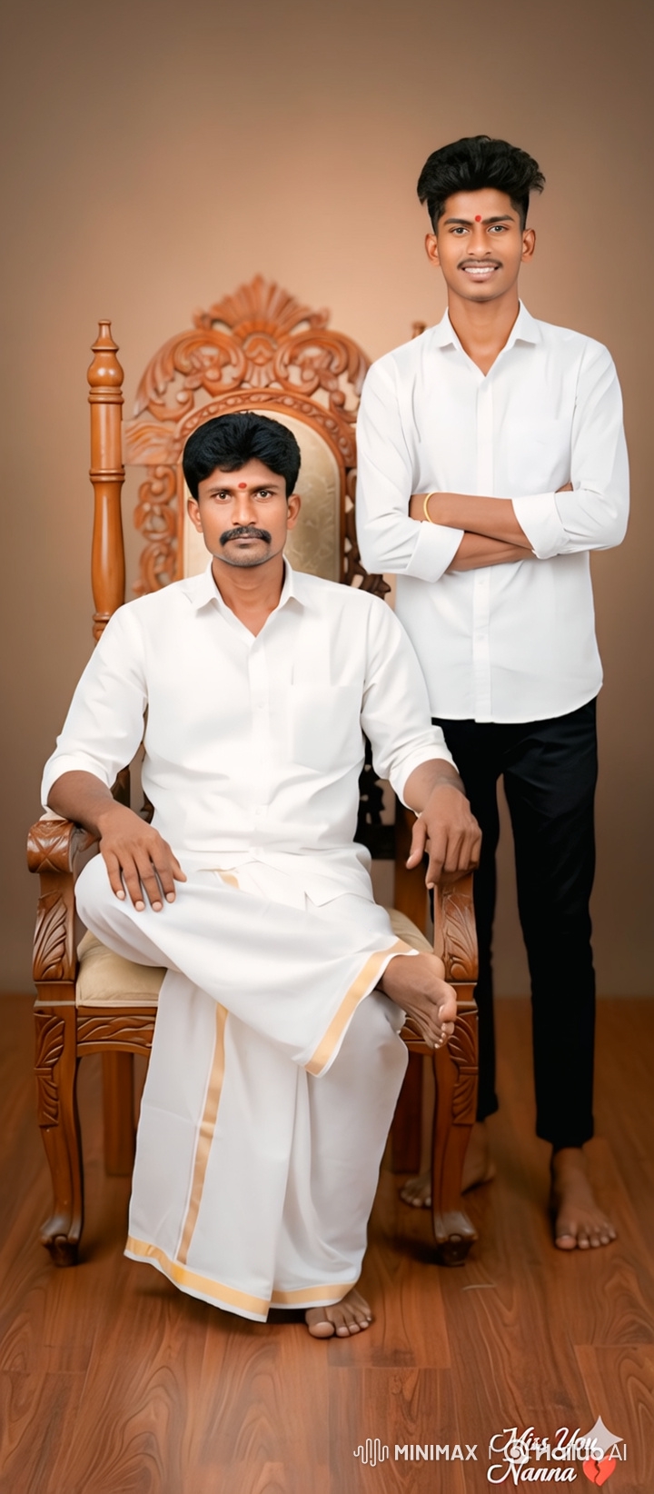 Formal Studio Portrait with Slow Zoom and Focus on Seated Man