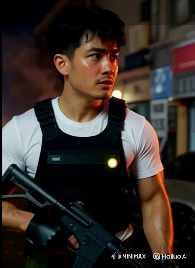 East Asian Man in Tactical Gear, Nighttime City Scene