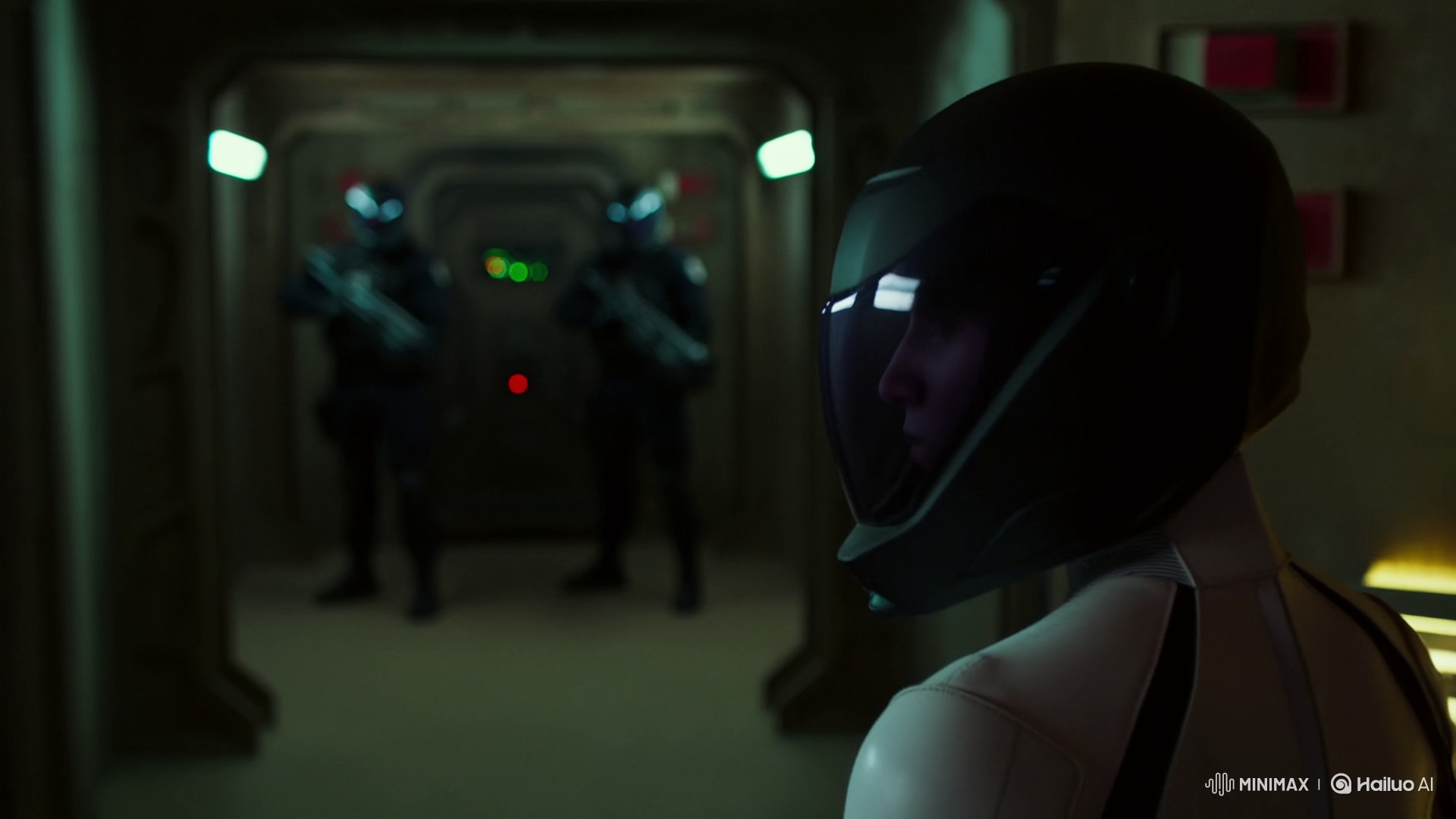Heroine in Tech Suit Approaches Guards in IMAX Bunker Scene