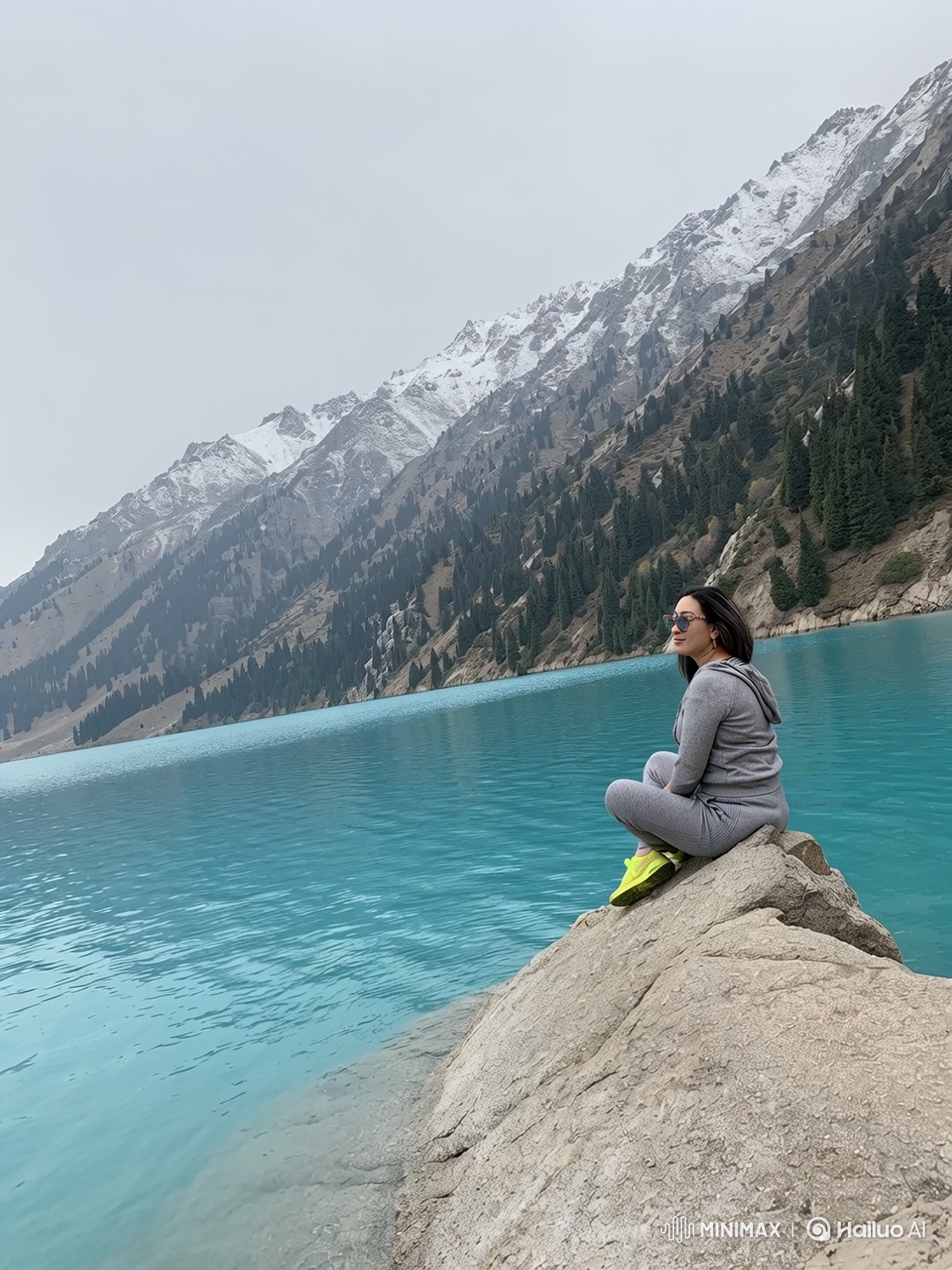Serene Mountain Portrait: Woman Contemplates by Turquoise Lake