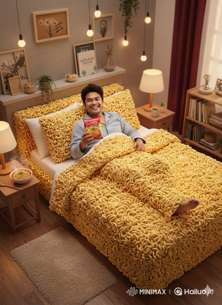 Man Surprised, Embraces, and Leaps into a Bed of Instant Noodles