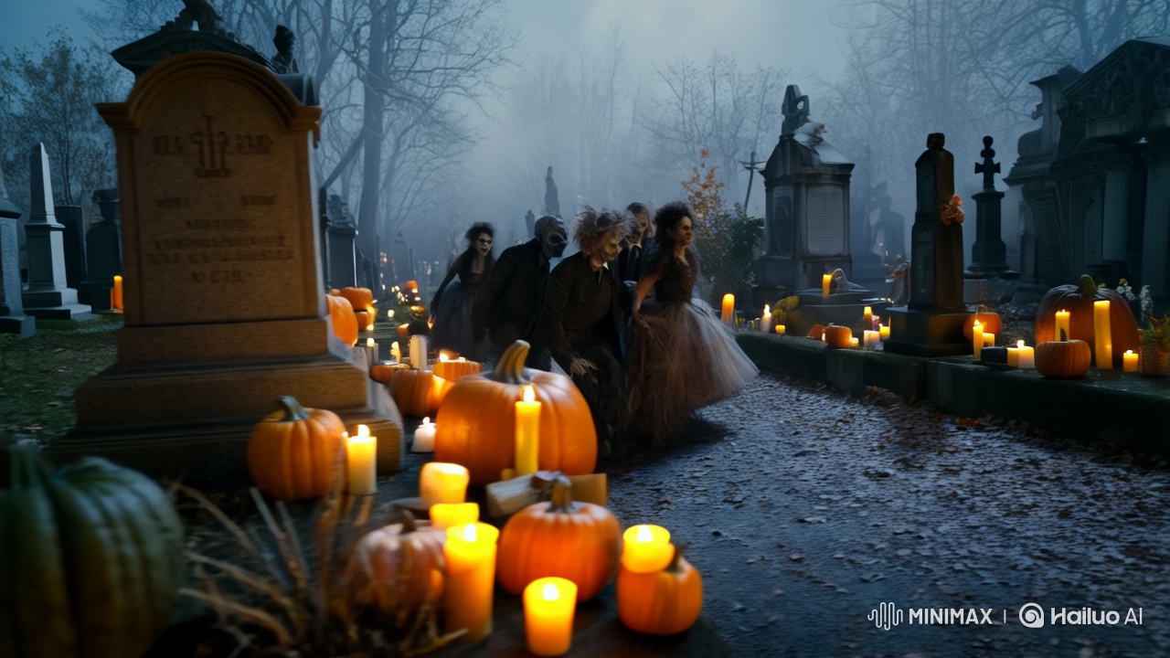 Gothic Cemetery Scene: Undead Gathering Amidst Shadows
