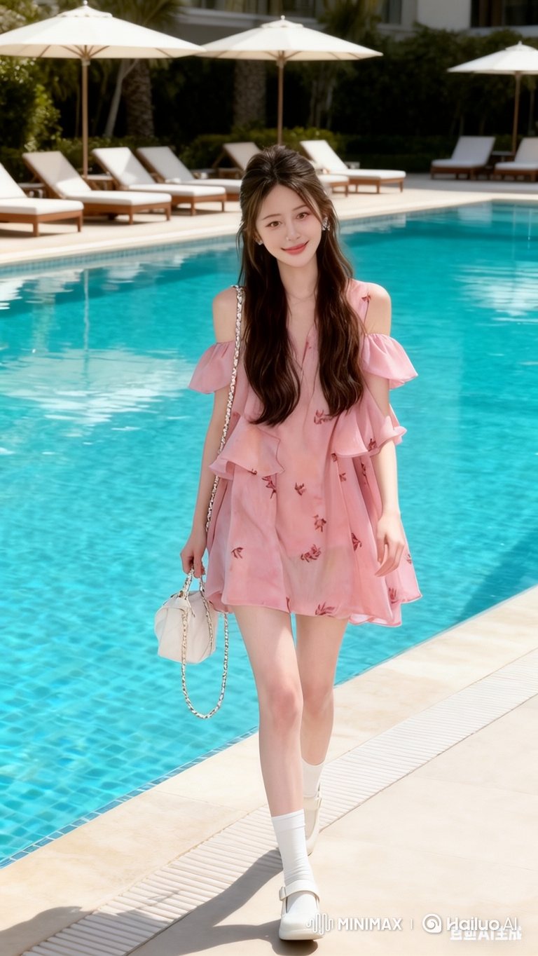 Young Model Struts Confidence on the Catwalk by Sparkling Pool