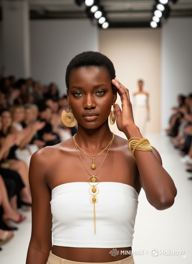 Black Model Showcases Elegant Jewelry on Fashion Runway