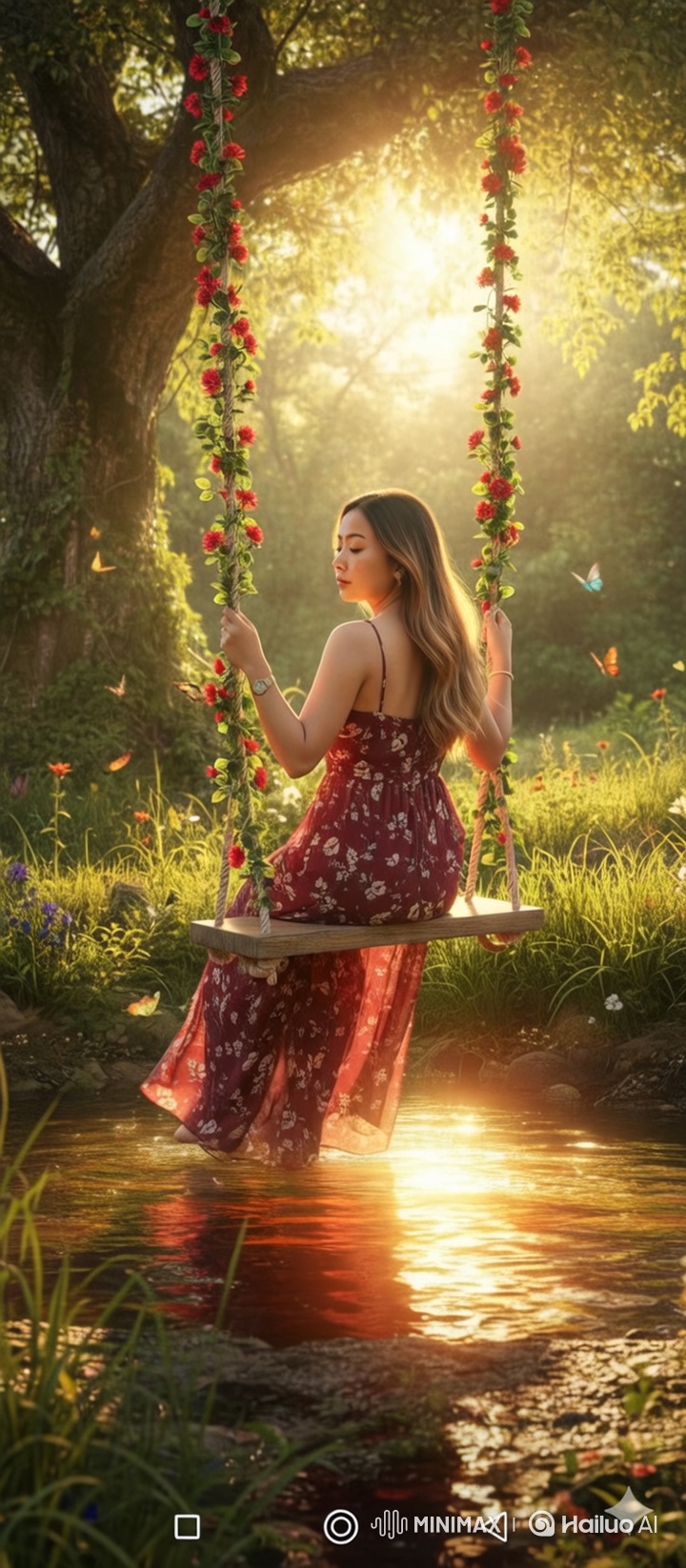 Serene Ethereal Beauty: Woman Swings in Sunlit Garden