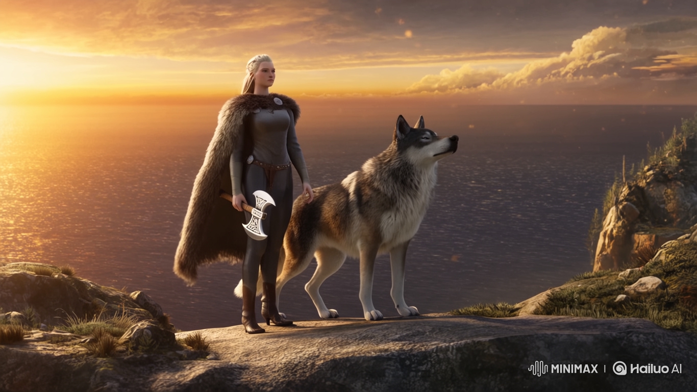 Viking Warrior and Wolf Standoff at Sunrise Cliff