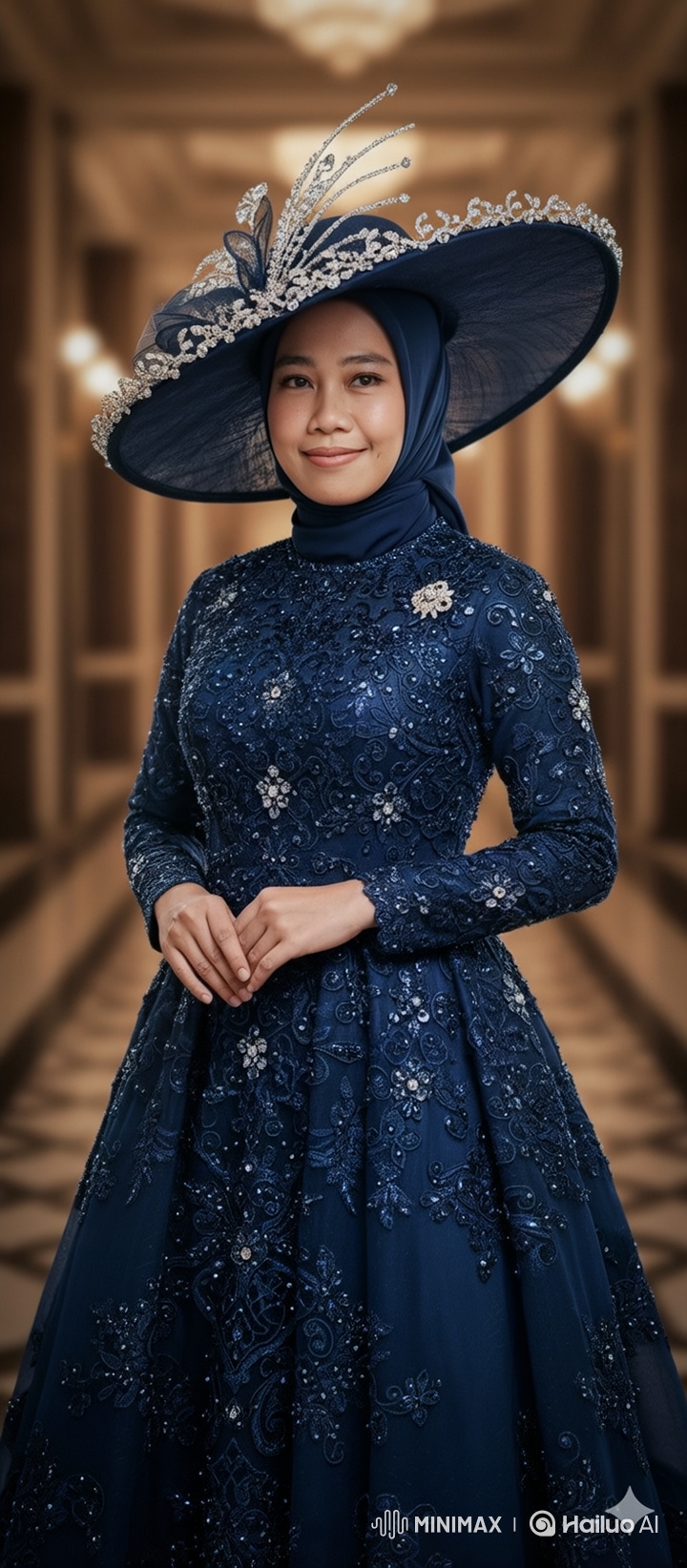 Elegant Woman in Grand Corridor with Shimmering Gown