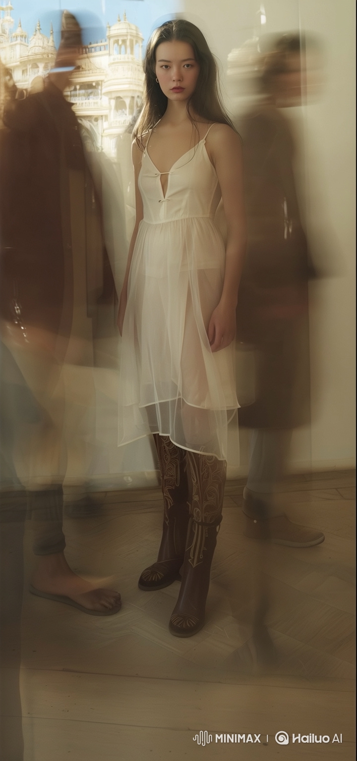Young Woman in Sheer Dress with Delicate Movement