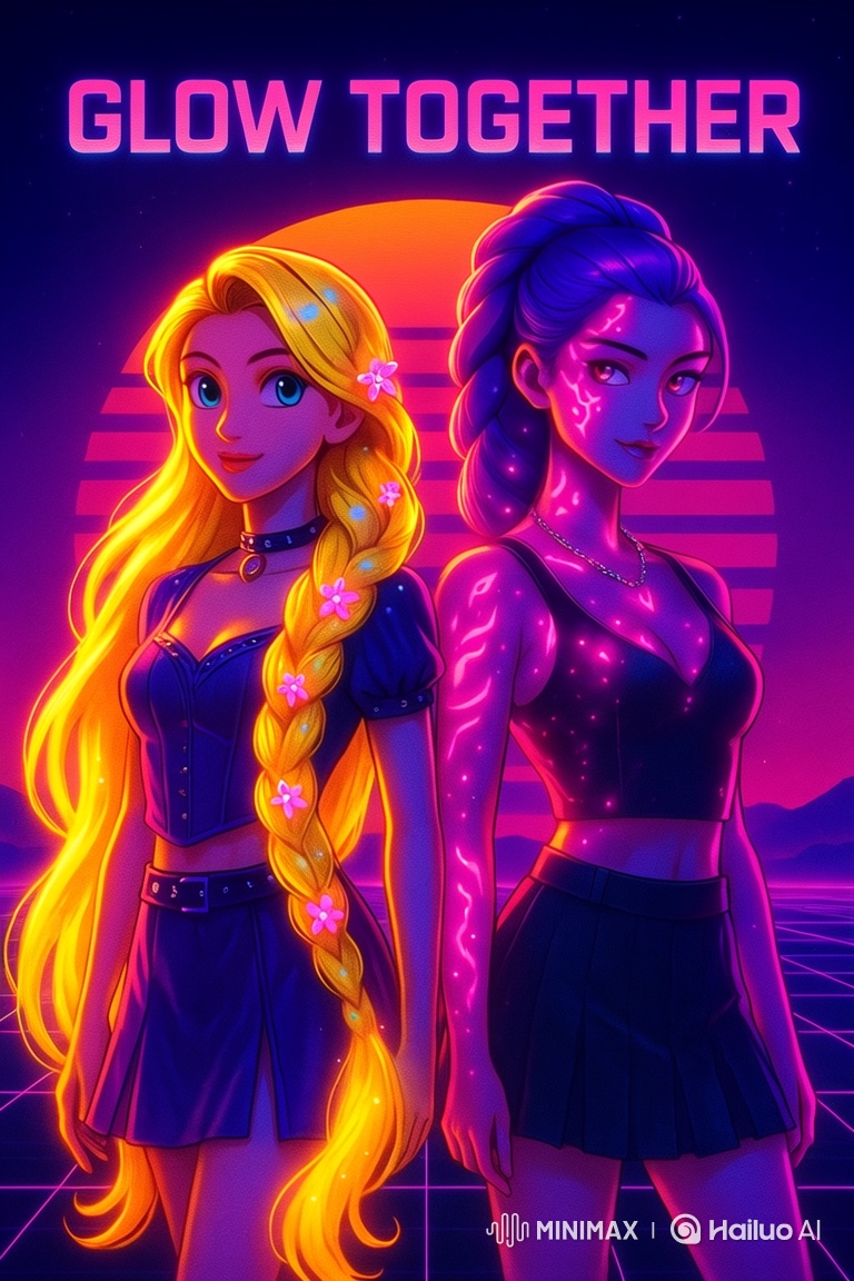 Stylized Portrait of Two Animated Women with Neon Aesthetics