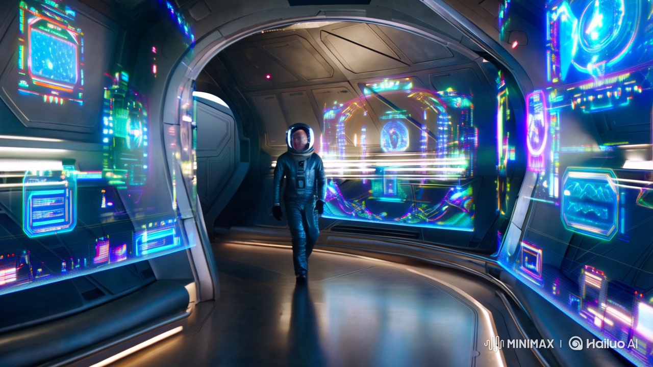Futuristic Astronaut Navigates Holographic Spaceship Corridor