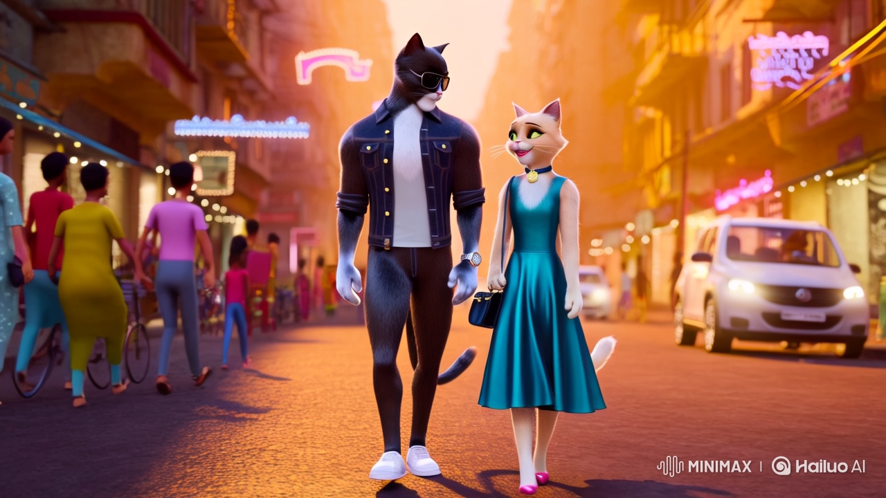 Romantic Stroll of Cat Couple in Urban 8K Cinematic Scene