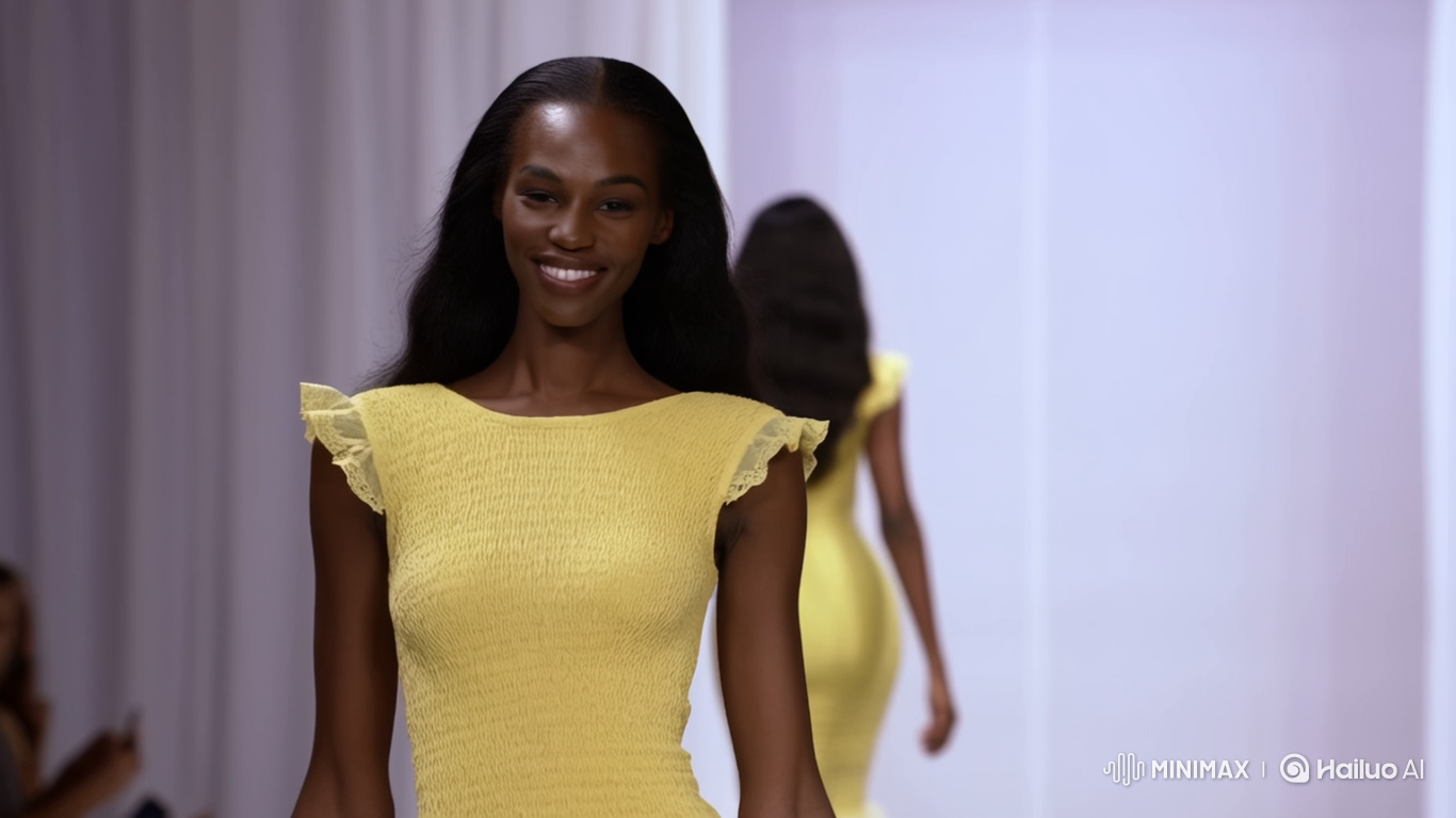 Elegant Tall Model Showcases Yellow Dress on Runway