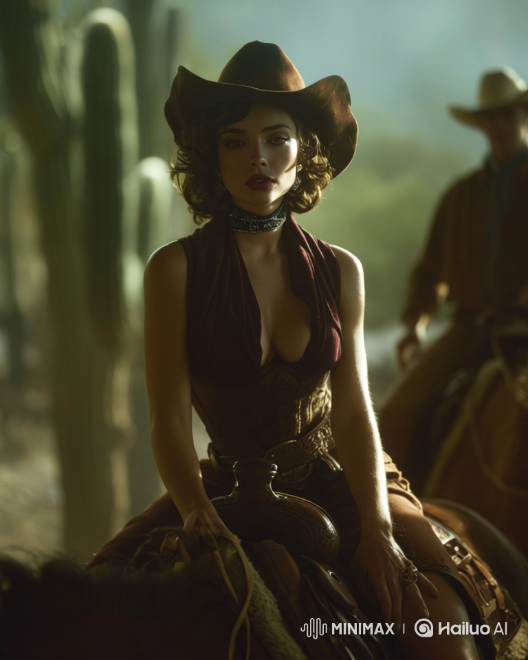 Woman in Cowboy Hat Rides Horse into Sunset