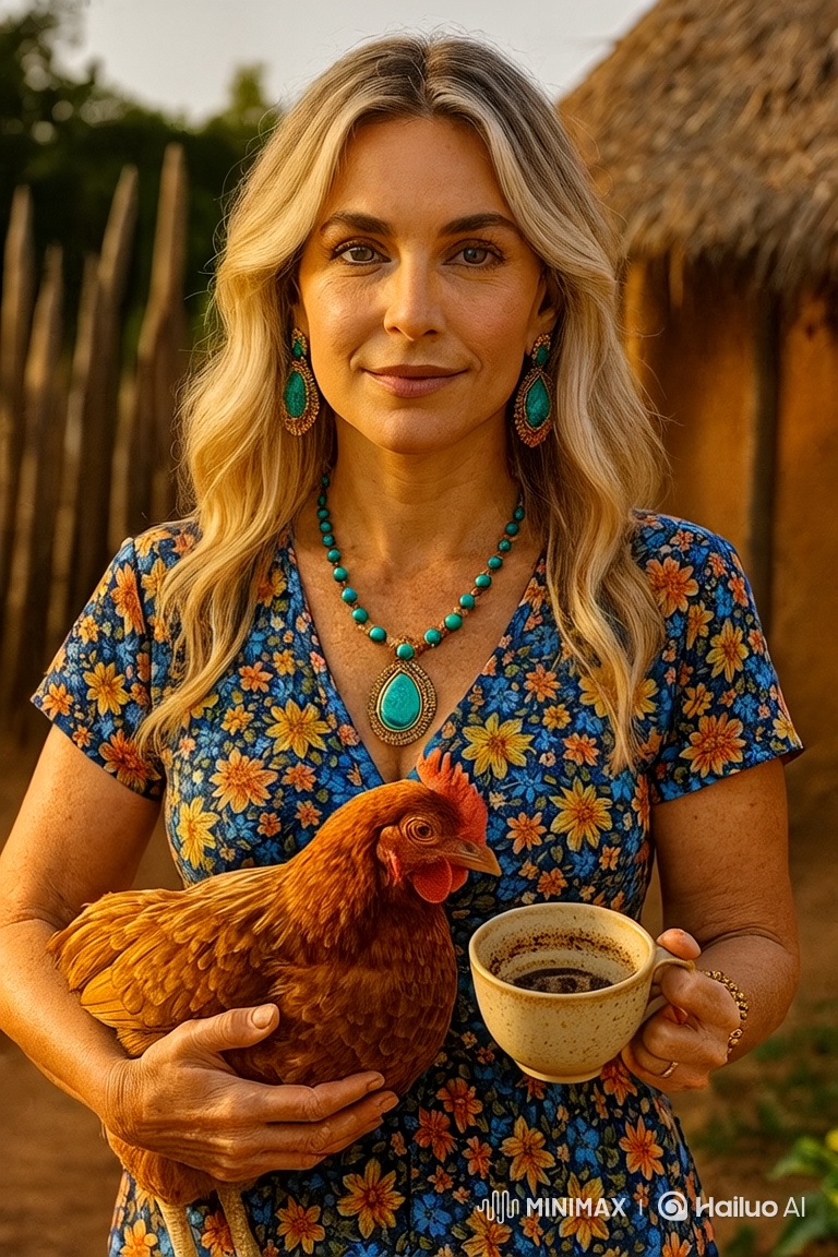 Rustic Woman in Floral Dress Points with Coffee