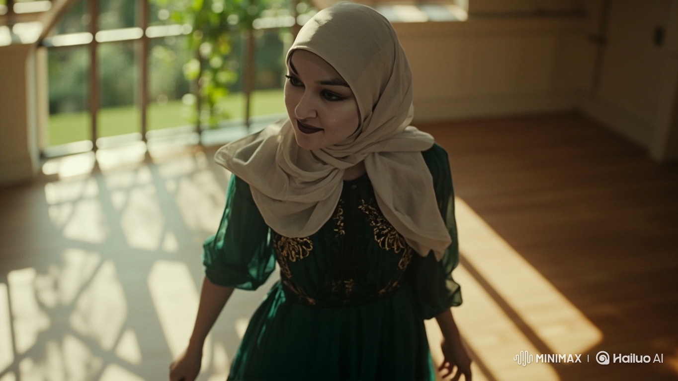 Young Woman in Elegant Dress Welcomes Someone with a Handshake