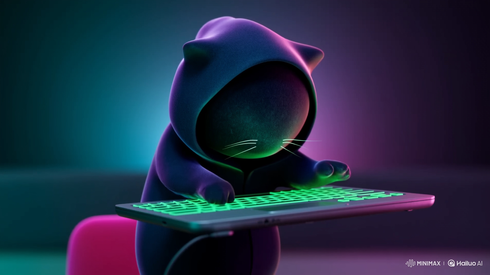 Cyber-Kawaii Cat Typing in Neon Light