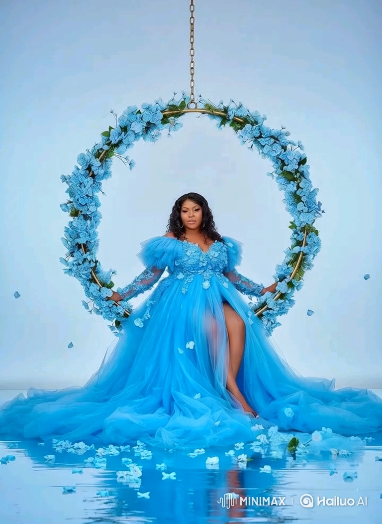 Elegant Woman Swings in Flowing Blue Gown