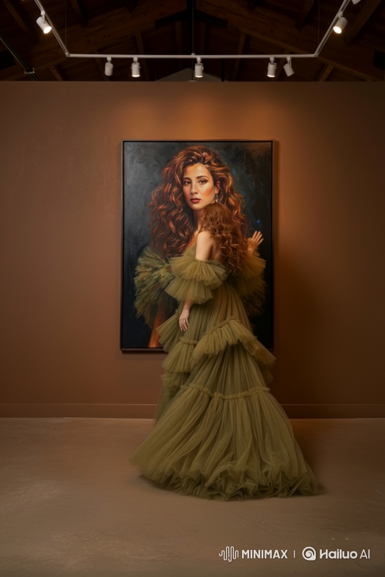Art Gallery Walk: Woman in Olive-Green Gown Admires Portraits