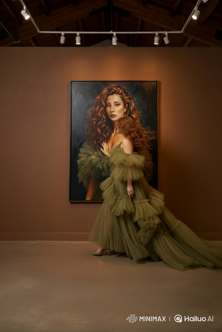 Art Gallery Walk: Woman in Olive-Green Gown Admires Her Portraits