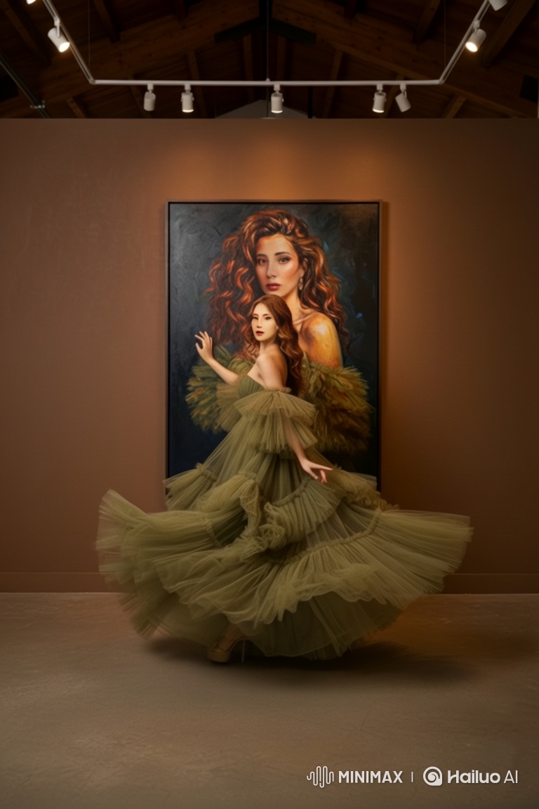 Art Gallery Walk: Graceful Woman in Olive-Green Gown