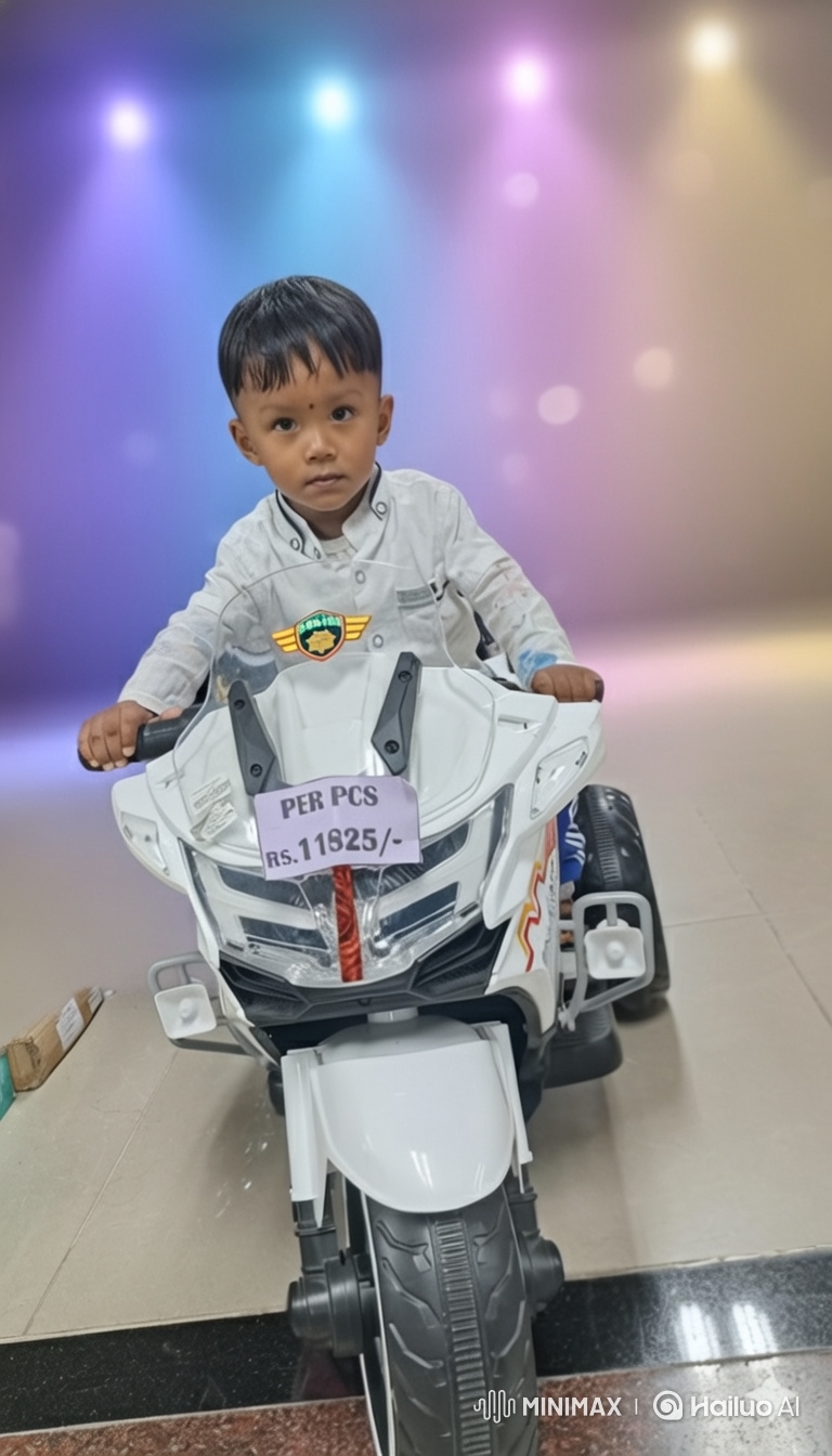 Cute Boy Rides Toy Motorcycle in Magical Bokeh World