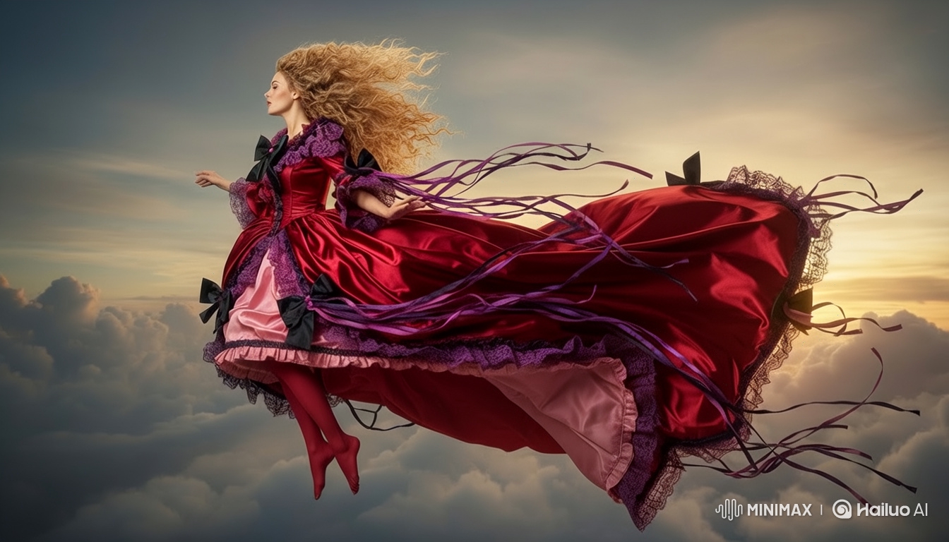 Floating Woman in Ornate Gown Over Clouds at Twilight