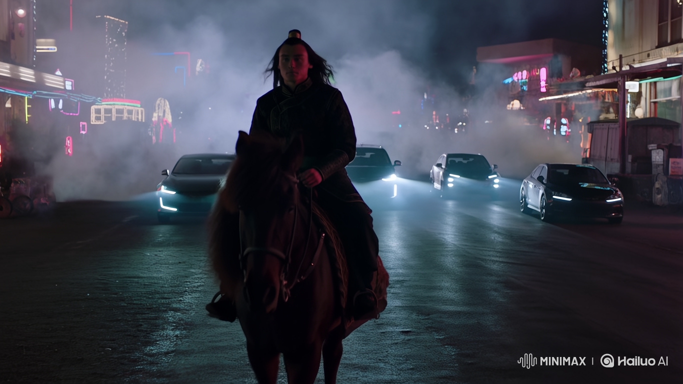 Mongolian Warrior Rides Through Modern City at Night
