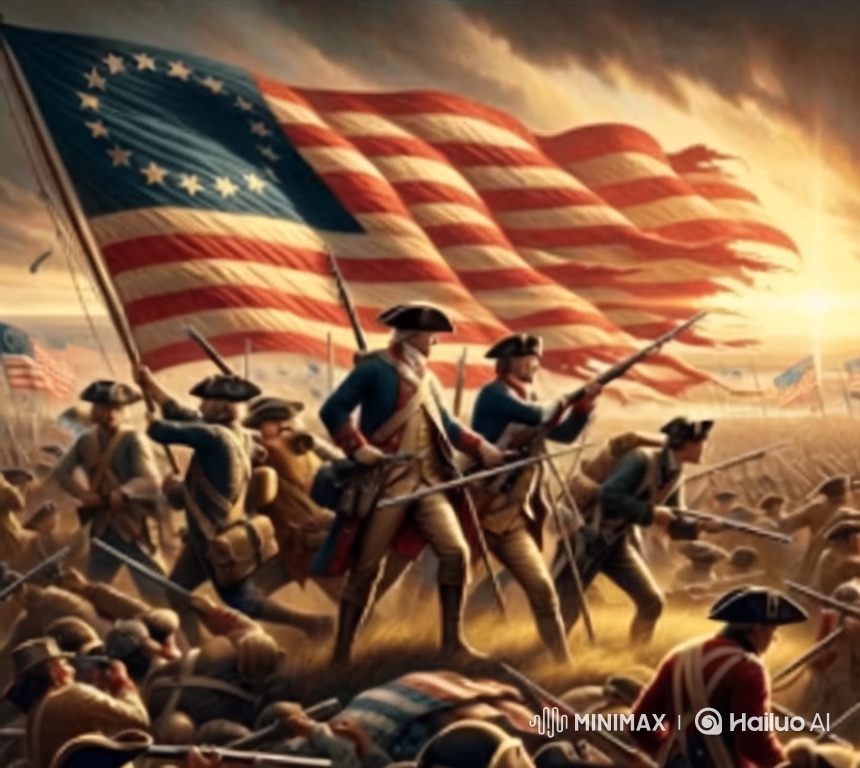 American Patriots Marching with Flag in Battle and Peace