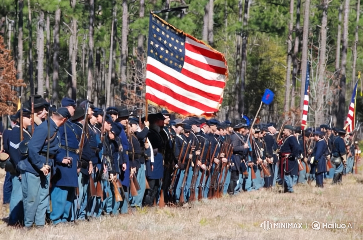 American Patriots March with Flag on Battlefield