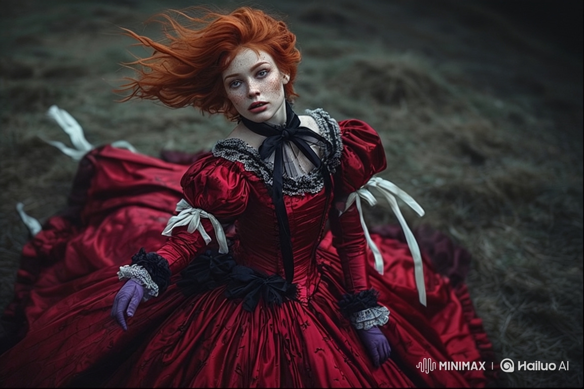 Red-Haired Woman in Historical Gown in Windy Landscape