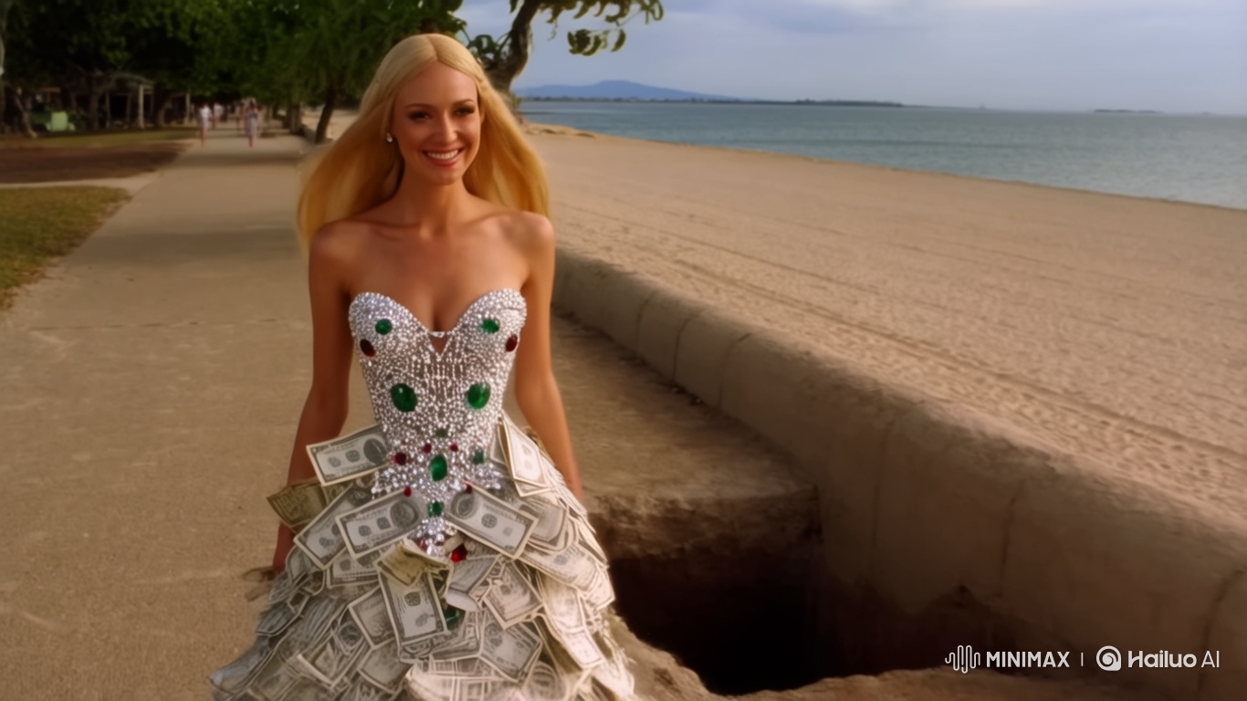 Elegant Woman in Jewel-Adorned Dress Falls into Beach Hole
