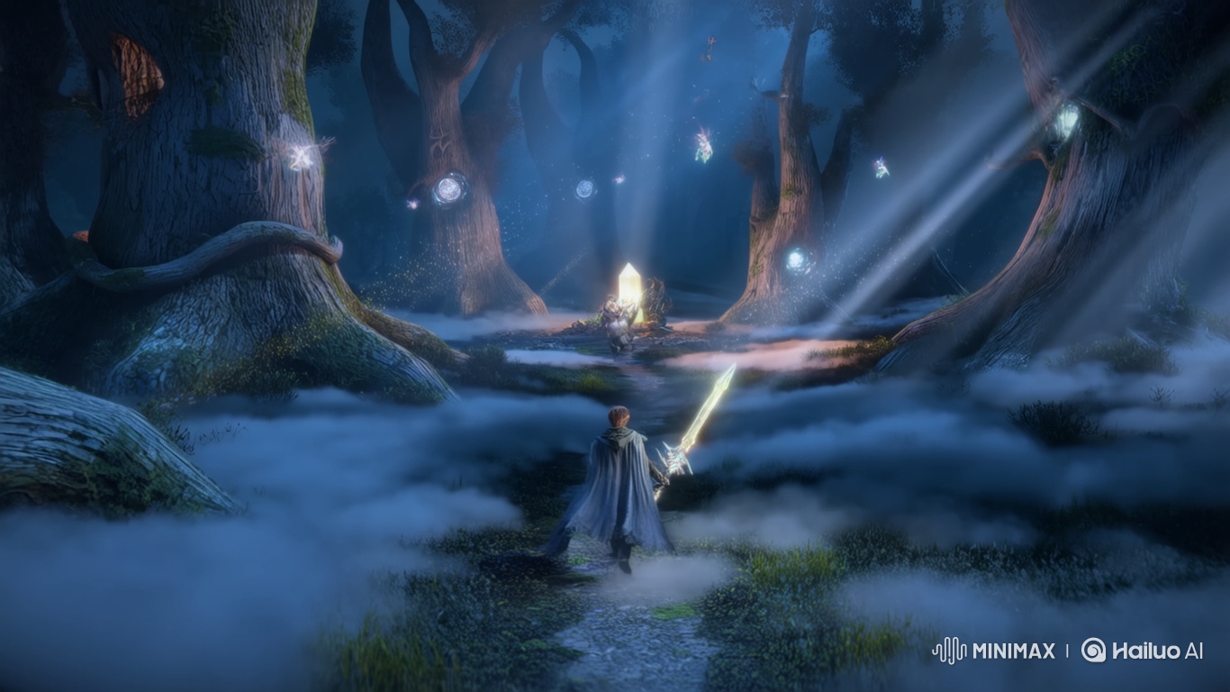 Hero with Shimmering Sword Approaches Crystal in Enchanted Forest