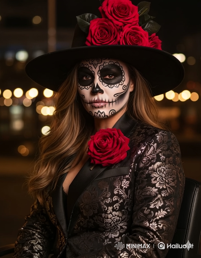 Woman in Skull Makeup Offers Wine with a Smile