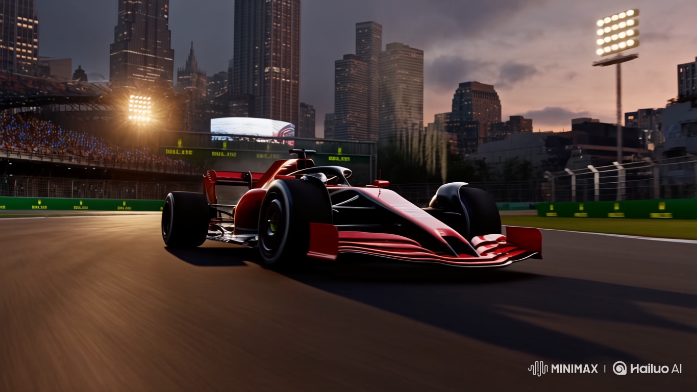 Cinematic Slow Motion of F1 Car Racing Through City at Sunset