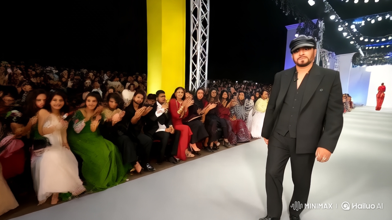 Sleek Black Suit Model Struts at Fashion Show