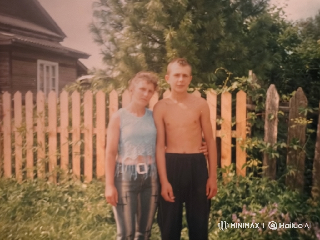 Vintage Portrait of Woman and Teenage Boy in Garden
