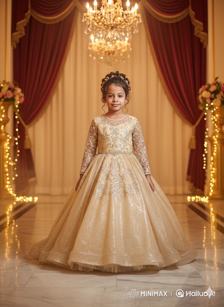 Graceful Girl in Golden Gown in Opulent Hall