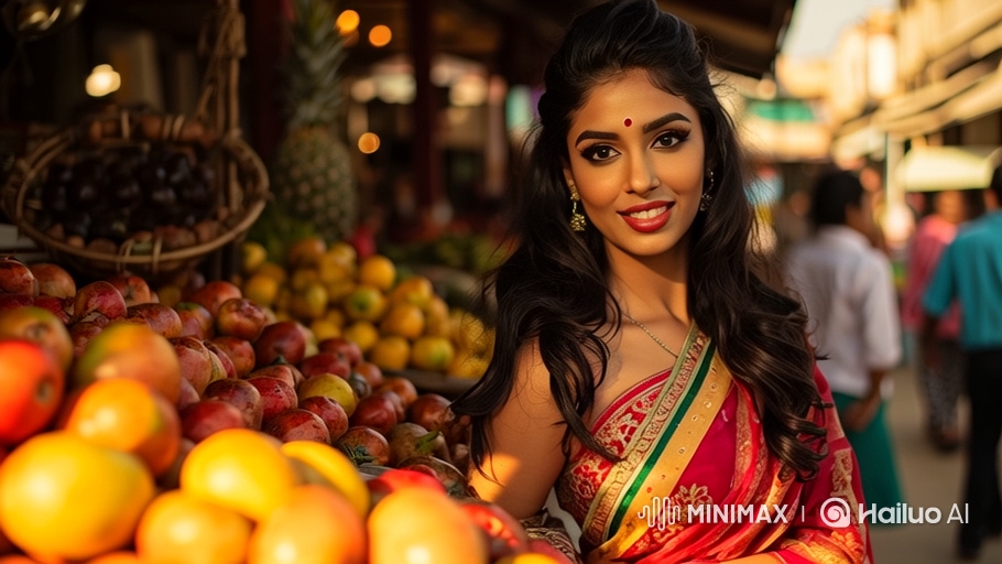 Young Woman in Vibrant Red Dress Smiles in Bustling Fruit Market