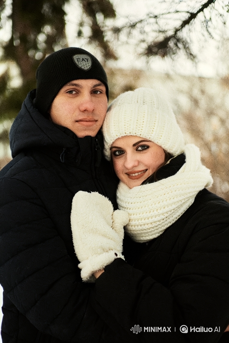 Young Couple's Tender Winter Embrace with Newborn