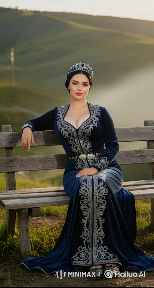 Regal Woman in Velvet Gown with Serene Background