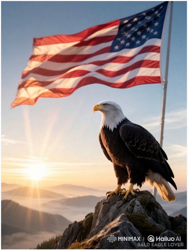 Eagle on Mountain Peak with Flag and Dawn Light