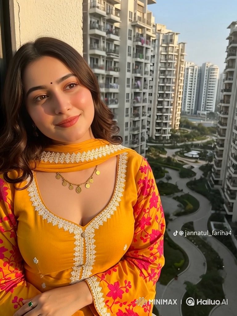 Young Woman in Traditional Dress Contemplates on Balcony
