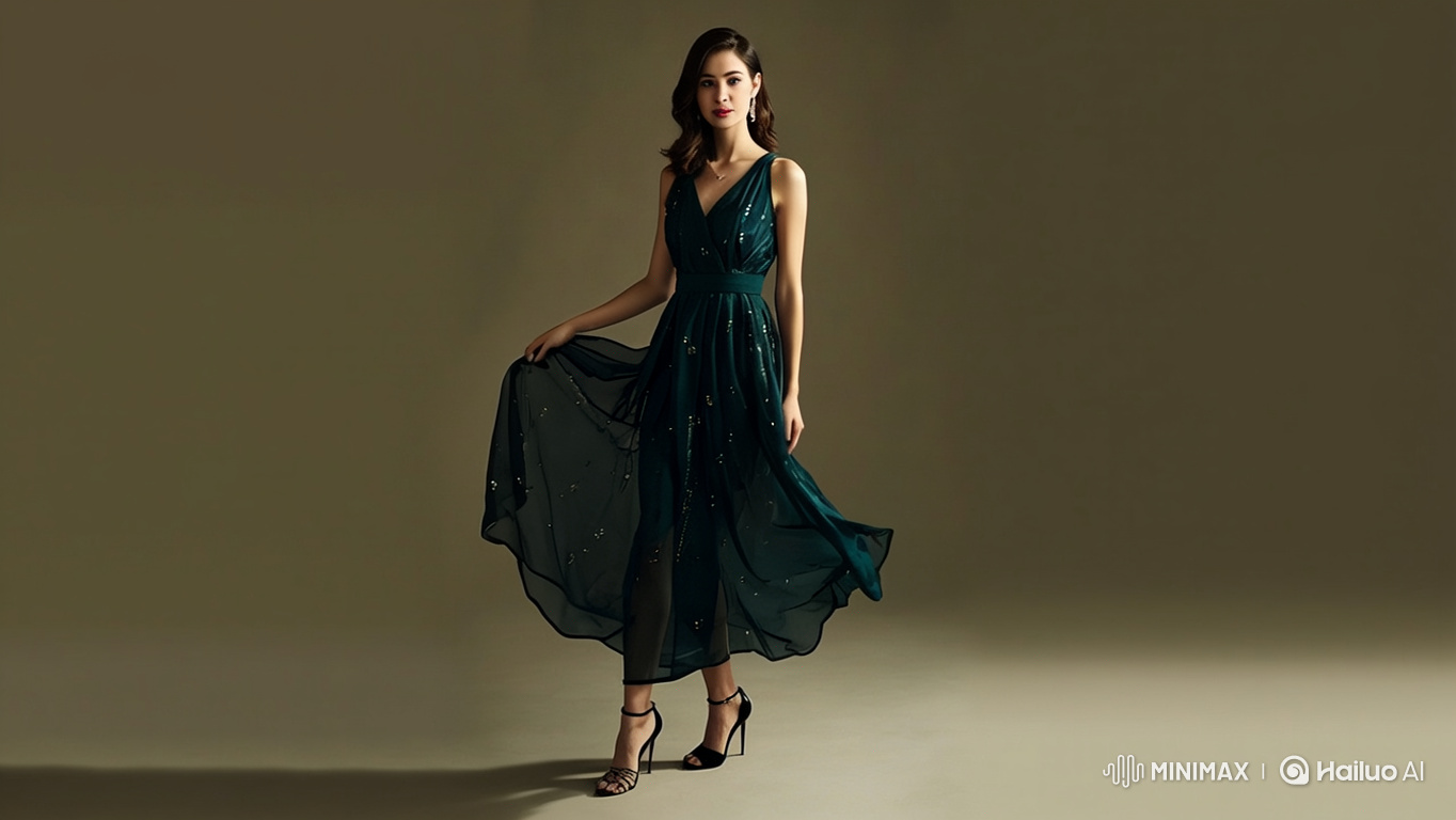Elegant Woman in Sparkling Green Dress - Static Camera Pose