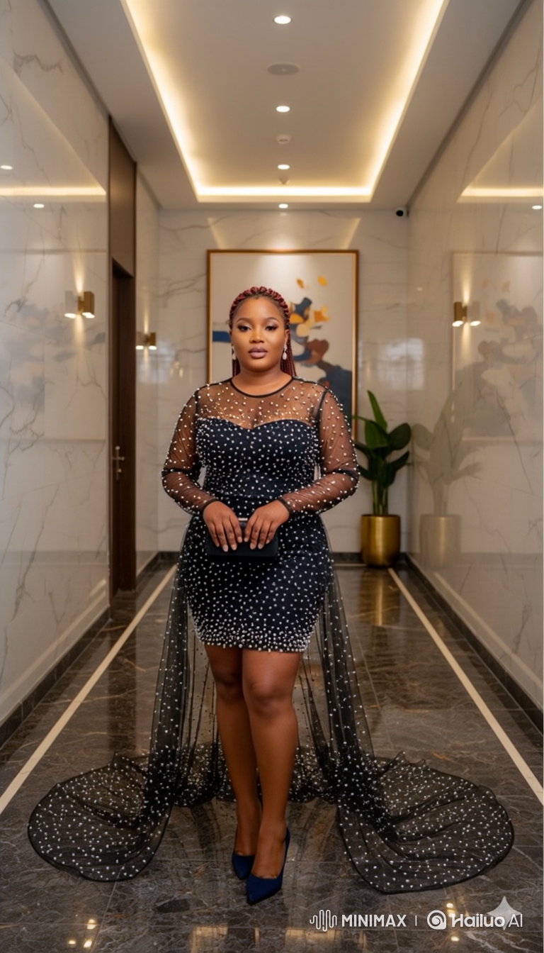 Elegant Woman in Pearled Dress Poses in Modern Hallway
