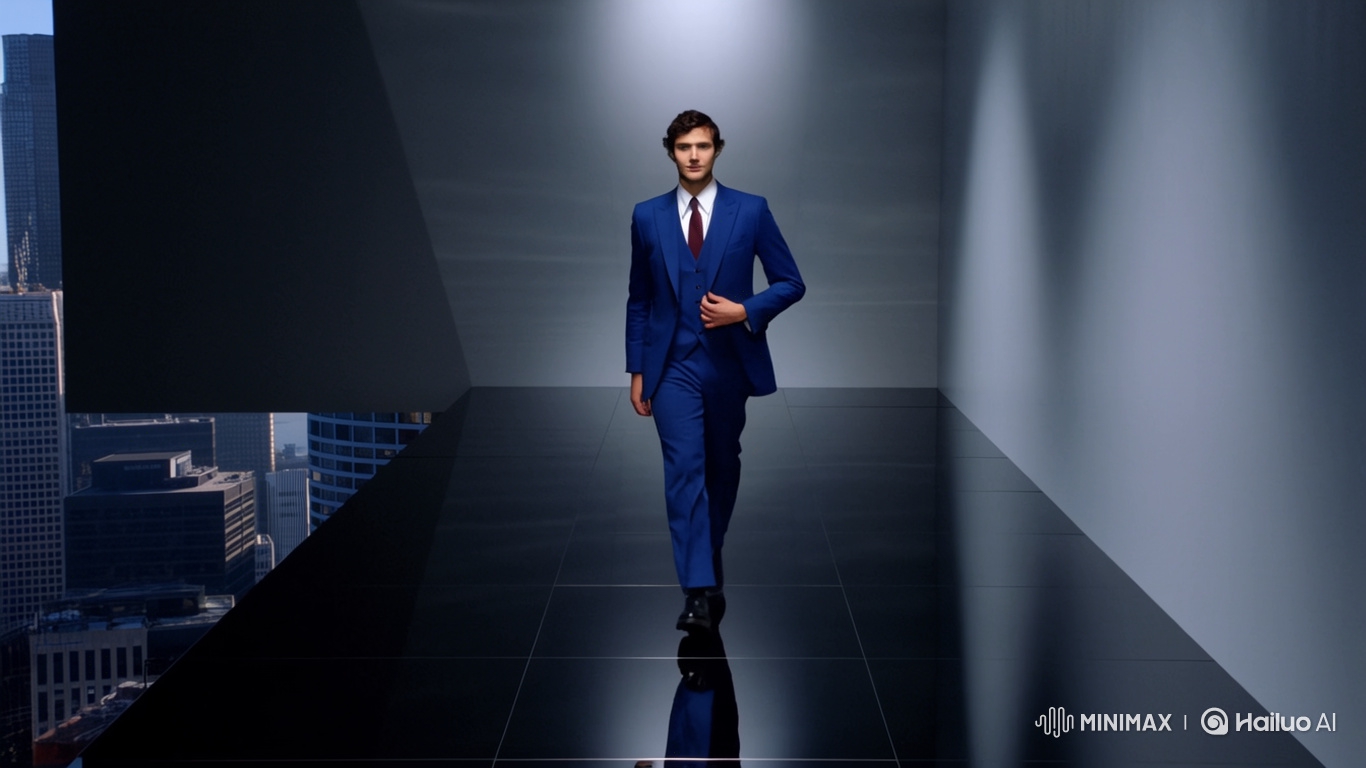 Confident Young Model Struts in Sapphire Suit on Skyscraper Runway