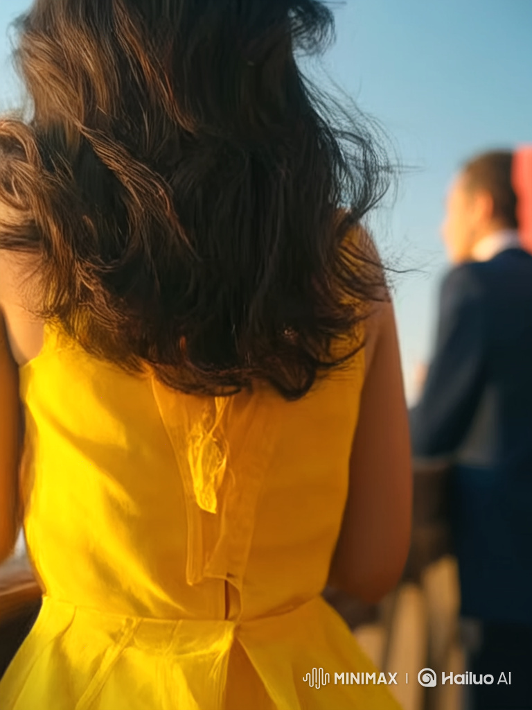 Young Woman in Yellow Dress Against Twilight Scenery