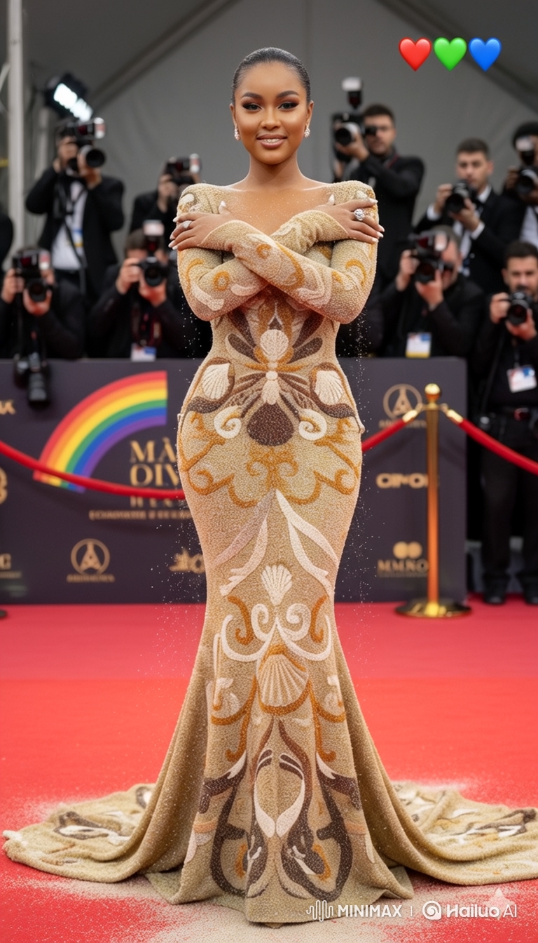 Woman Poses in Sparkling Sand-Colored Gown