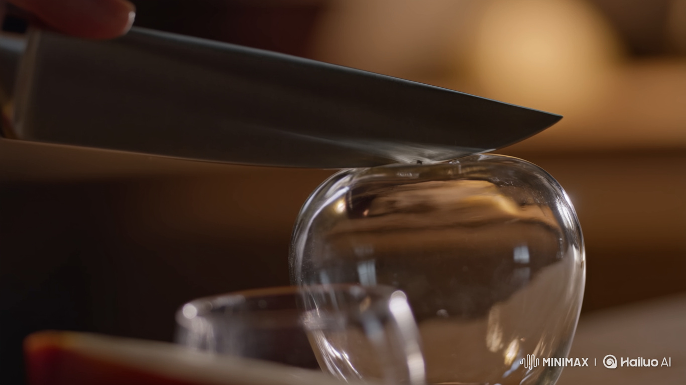 Ultra-Realistic Glass Apple Sliced by a Knife in 4K